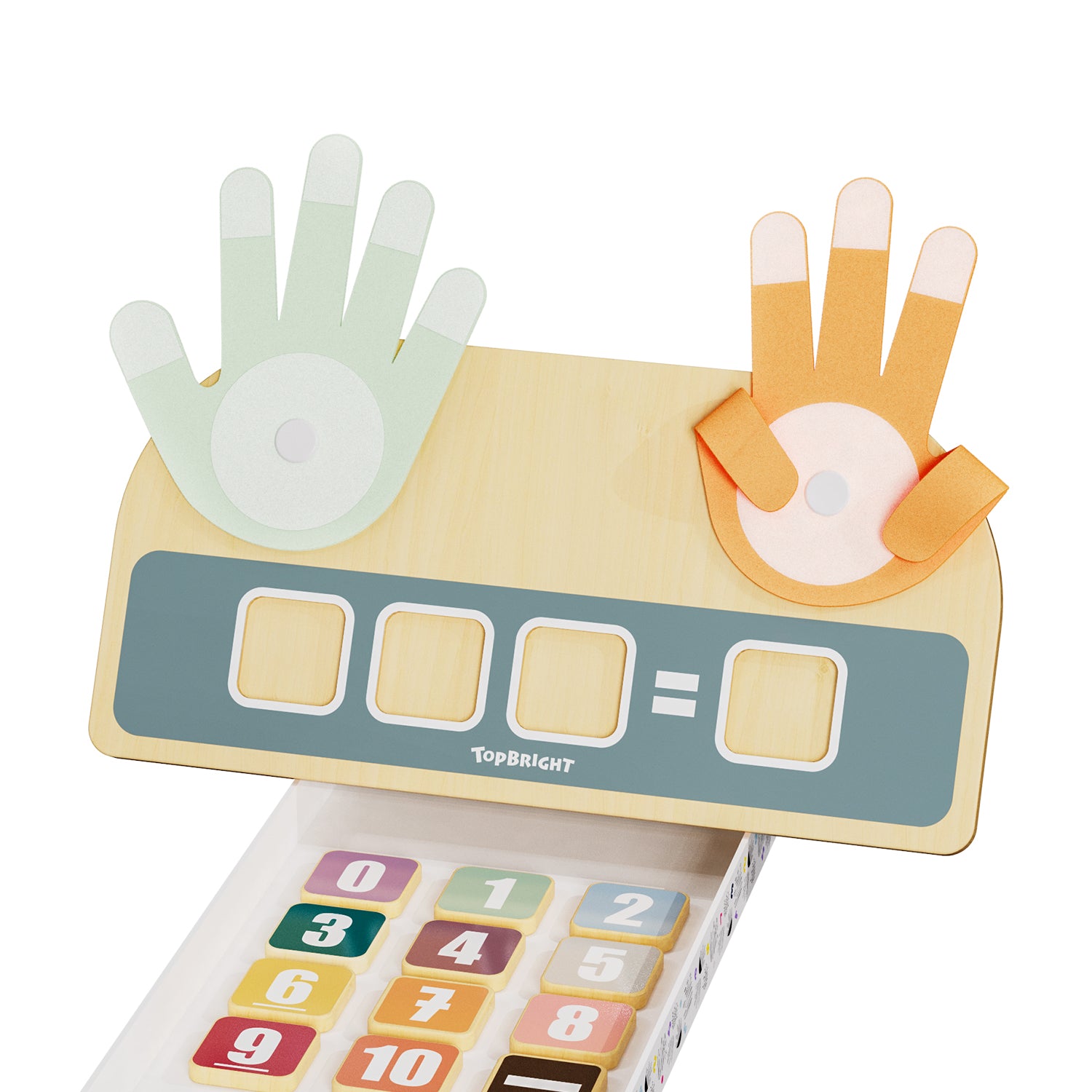 Die Aufgabenkarten und Holzplättchen befinden sich während des Spielens in der Box unter dem Holzbrett, auf dem die Finger befestigt sind. 
