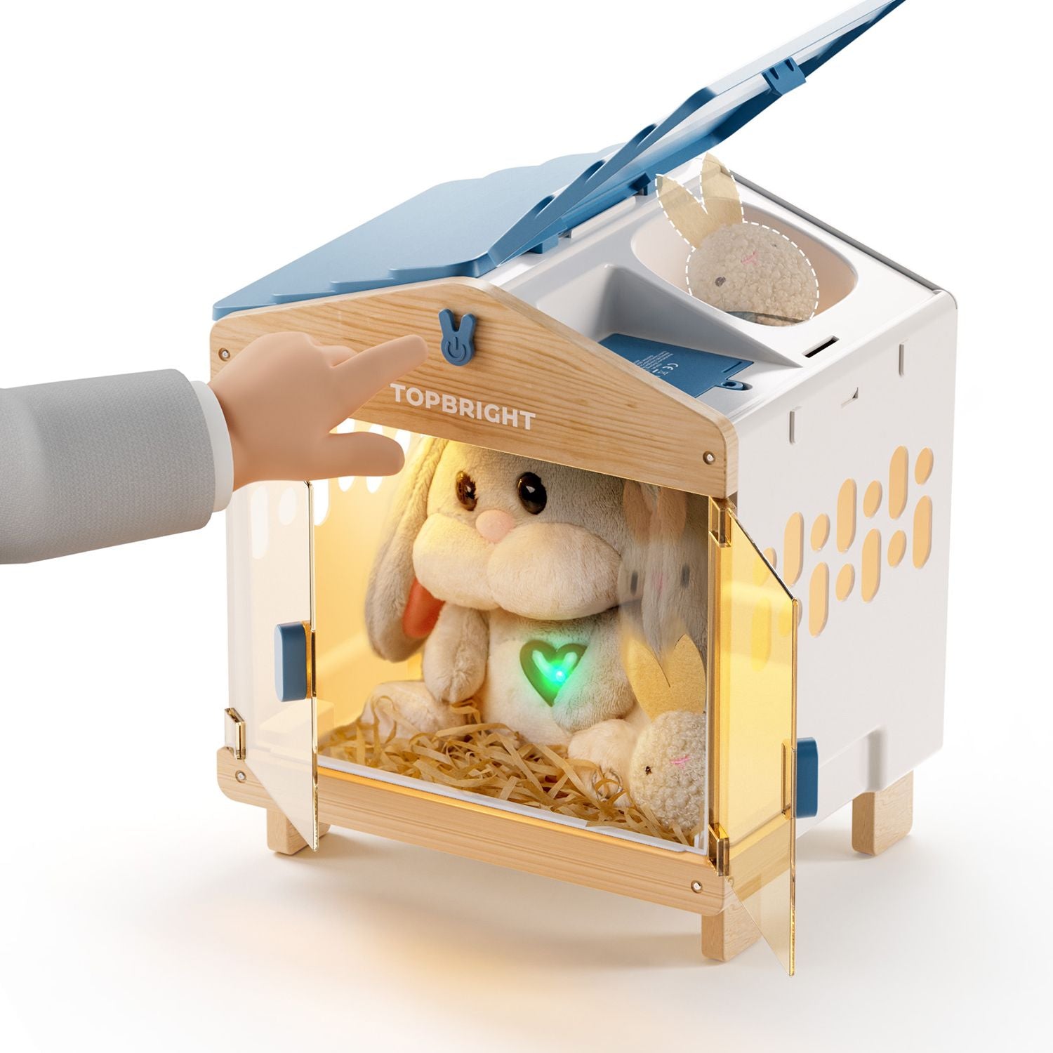 The highlight of the play: An exciting surprise awaits in the little rabbit hutch: if you press the button above the door, a process begins that is accompanied by light and sound. After about 10 minutes, a cute baby rabbit falls through the roof into the hutch.