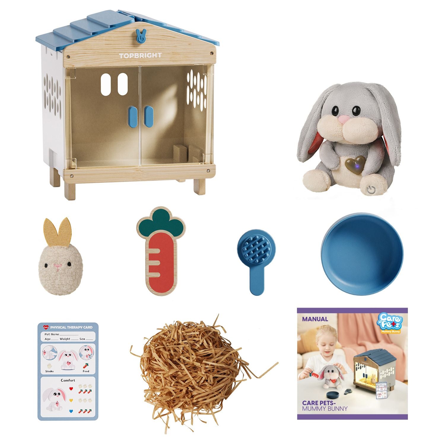 The realistic accessories make playing a real experience: the set includes an interactive carrot for feeding, a brush for grooming, a food bowl, and some paper straw for the rabbit hutch.