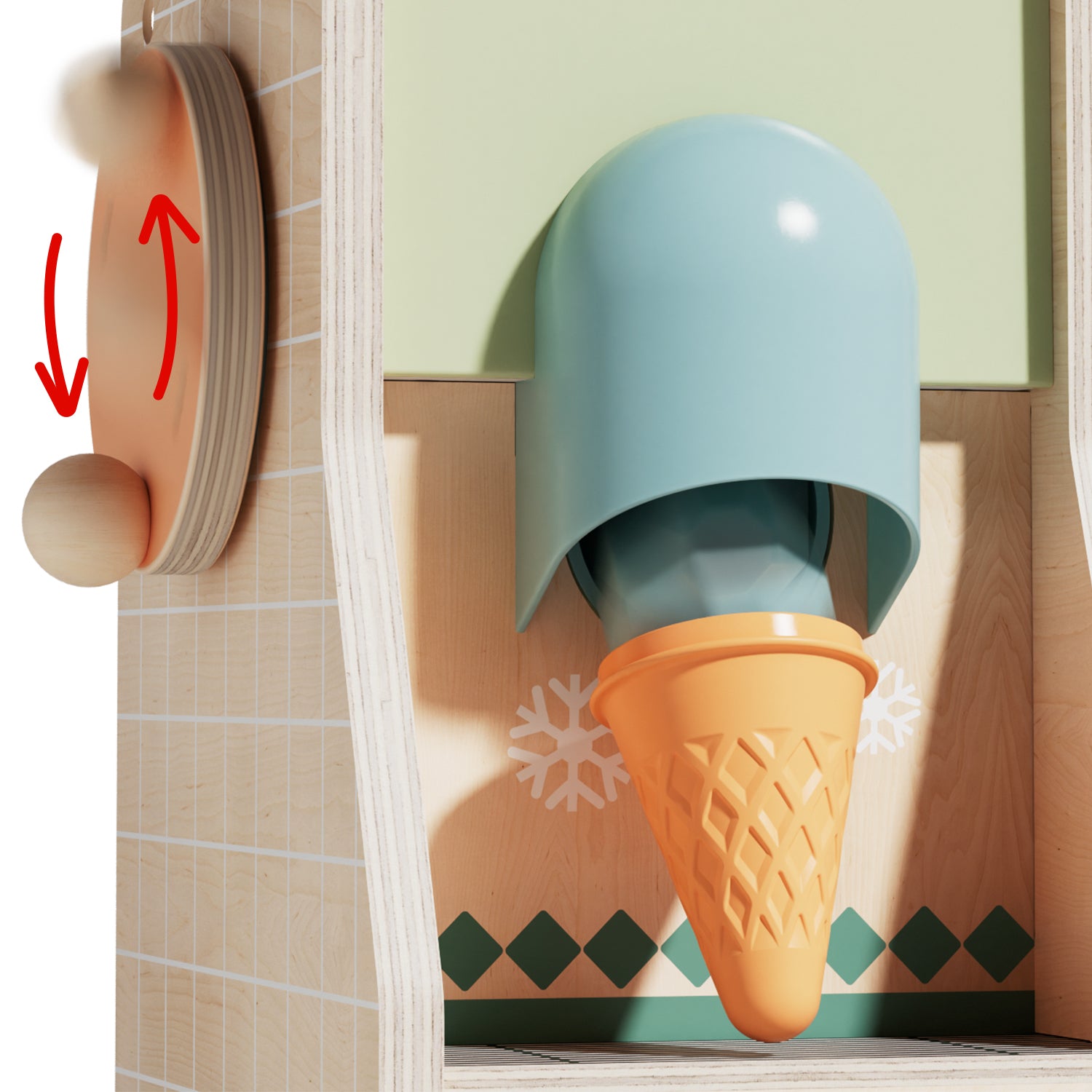 Kinder stellen eigene Eis-Kreationen her, indem sie durch Drehen der Eiscreme-Kurbel Eiskugeln in Waffeln fallen lassen und die Kugeln mit verschiedenen Toppings ergänzen.