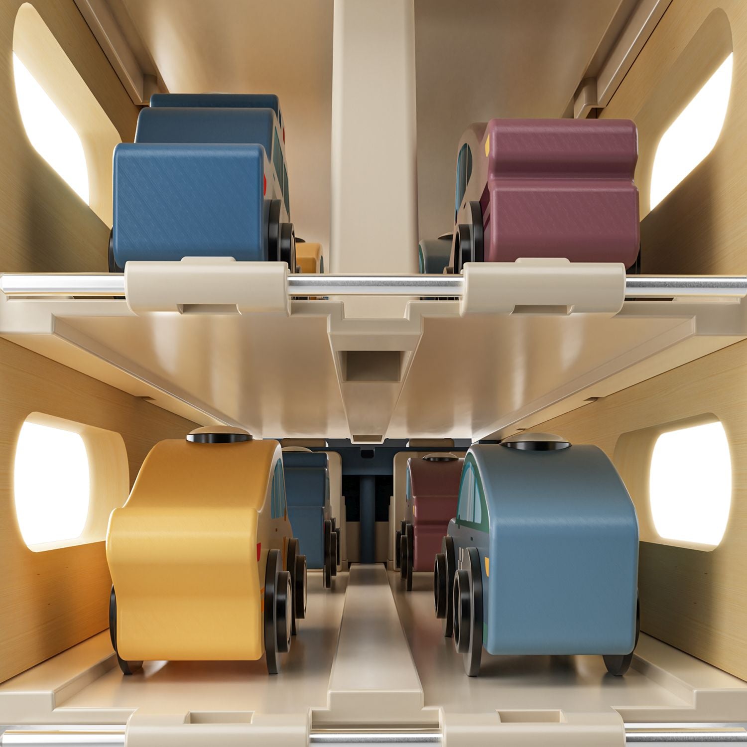 Roll with the car transporter
With its movable wheels, the car transporter is child's play to roll. It offers space for eight cars on its two levels.