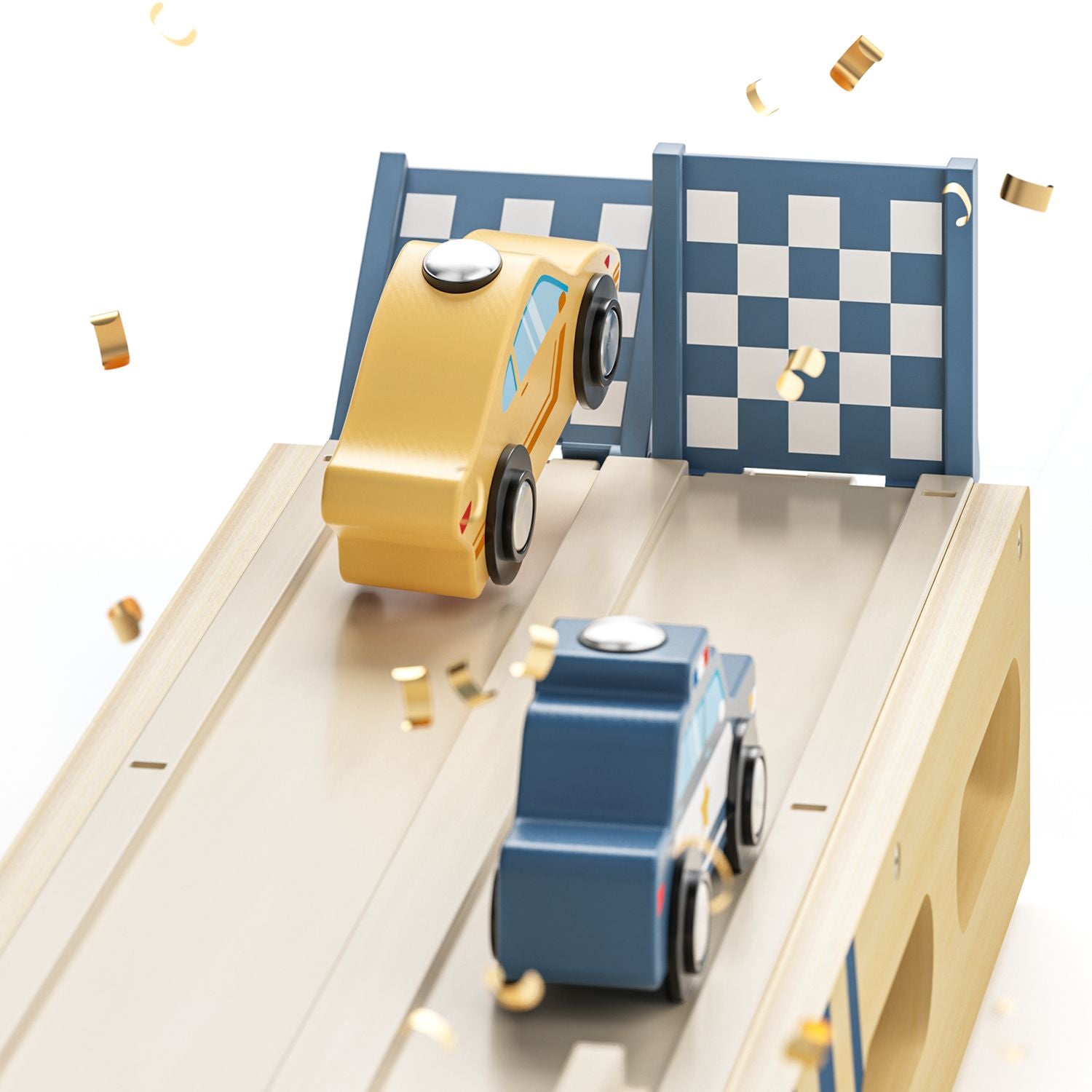 Race on the extra-long racetrack
In just a few simple steps, the wooden car transporter becomes a 103-centimetre-long, two-lane race track that invites children to take part in fast-paced races.