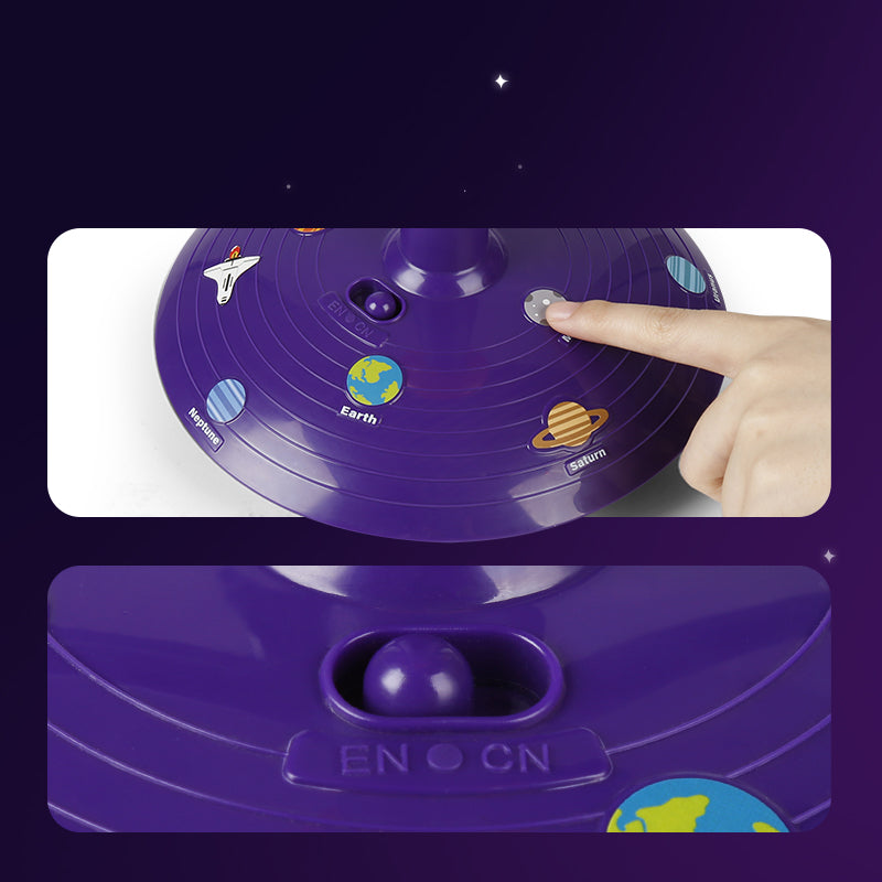 When kids press the planet images on the base of the model, they hear exciting facts about the planets in German and English.  