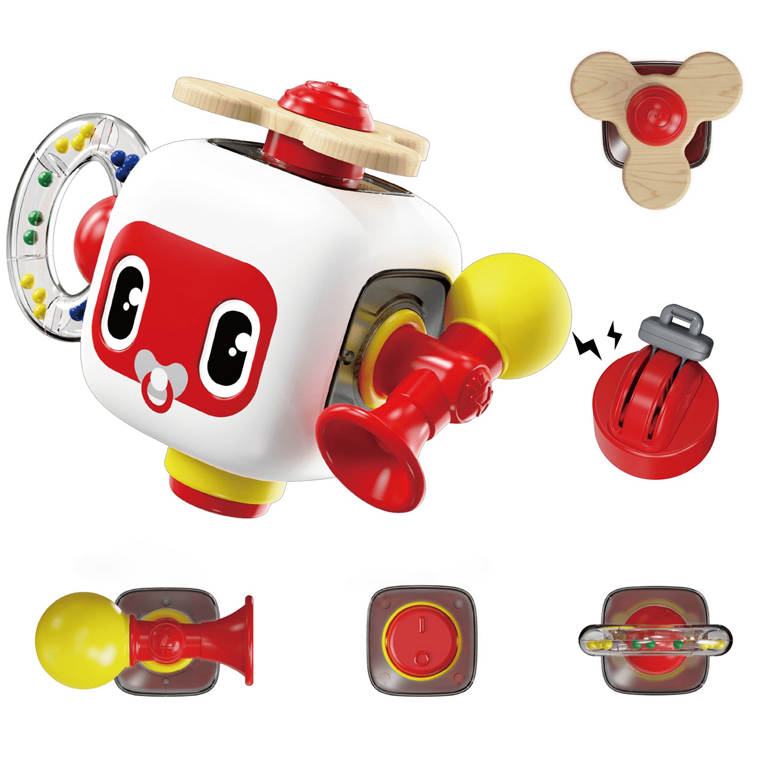 Explorer cube: The fun set consists of a small, red cube in a cute robot look and 5 exciting plug-in elements that parents and children can arrange differently on the cube again and again. With each element, babies and toddlers from 12 months learn and train a new skill.