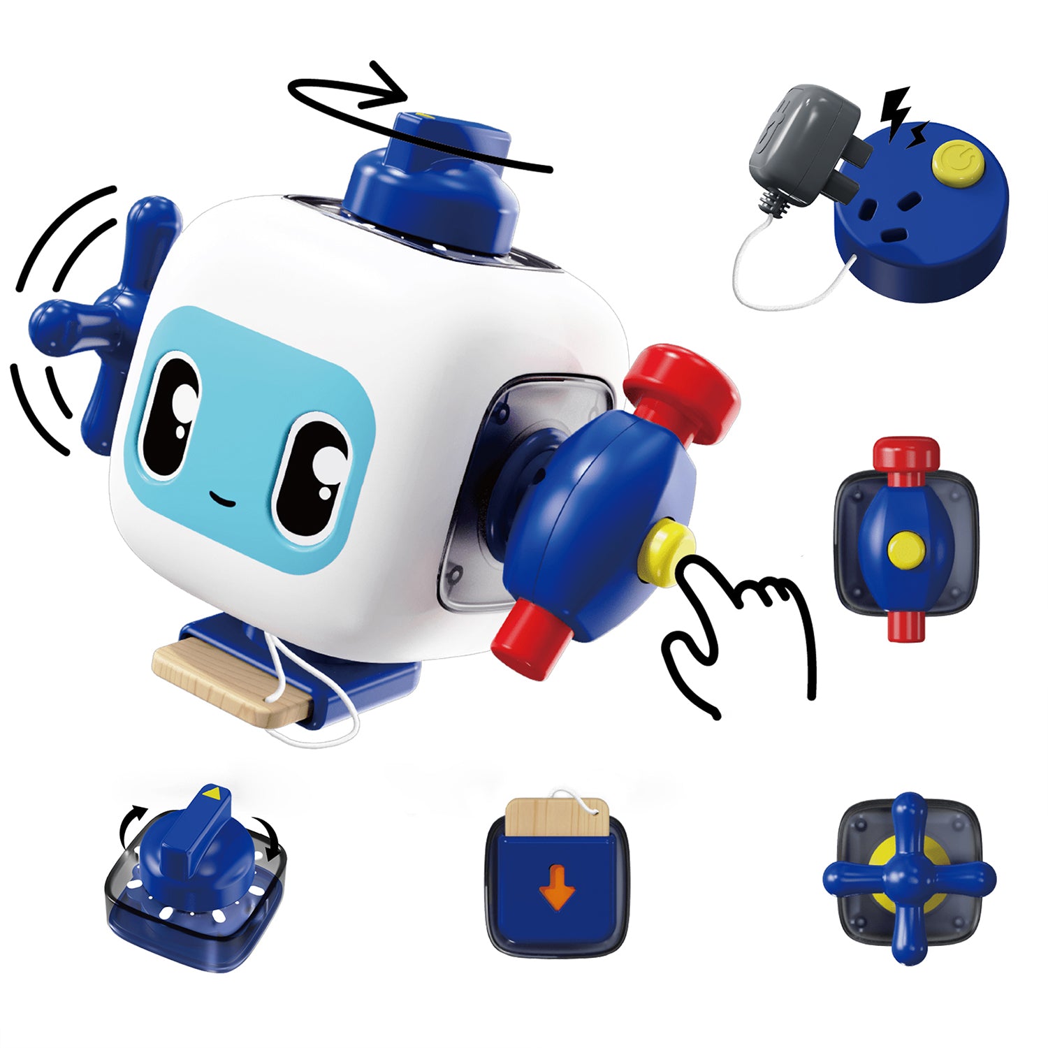 Explorer cube: The fun set consists of a small, blue cube in a cute robot look and 5 exciting plug-in elements that parents and children can arrange differently on the cube again and again. With each element, babies and toddlers from 18 months learn and train a new skill.