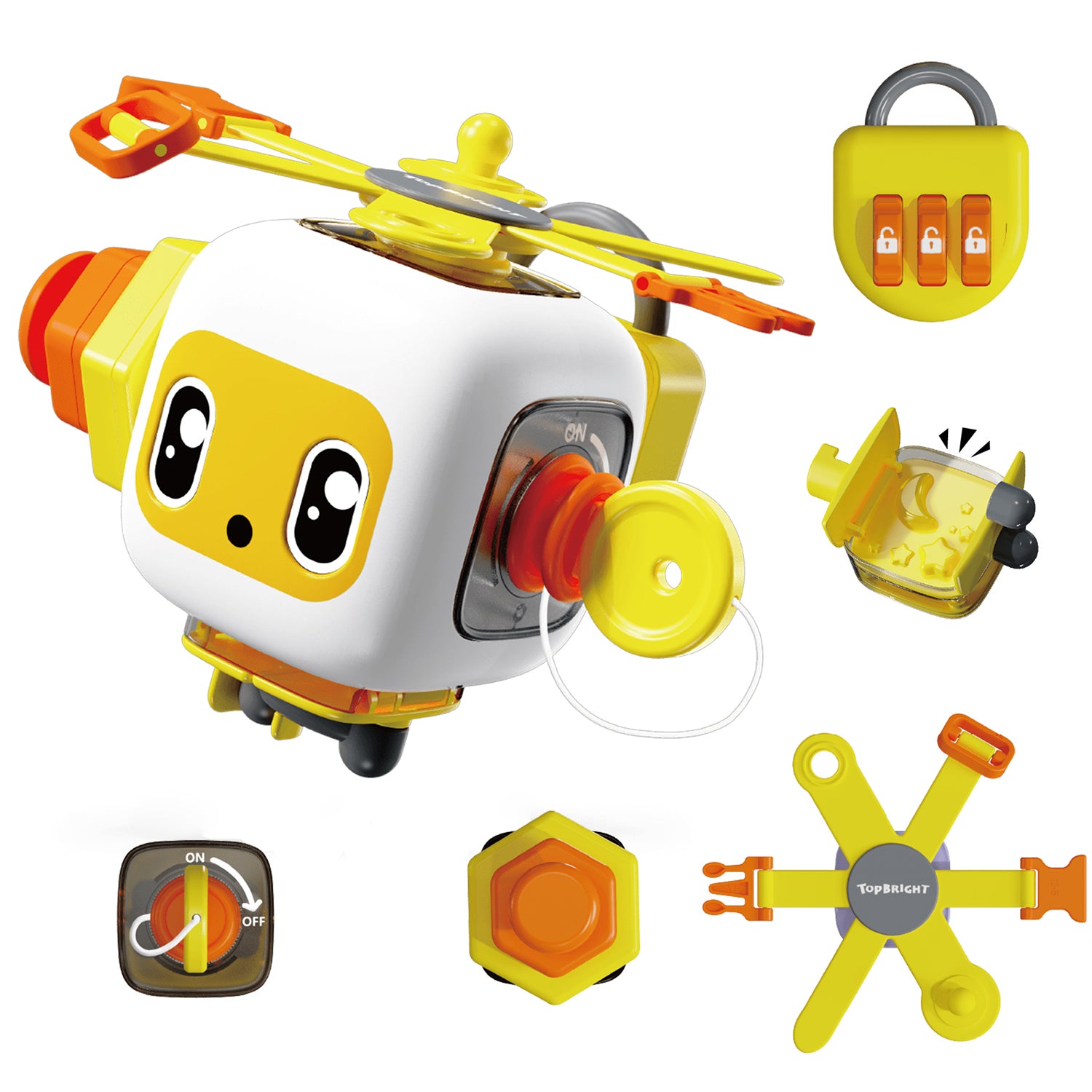 Explorer Cube: The fun set consists of a small, yellow cube in a cute robot look and 5 exciting plug-in elements that parents and children can arrange differently on the cube again and again. With each element, babies and toddlers from 24 months learn and train a new skill.