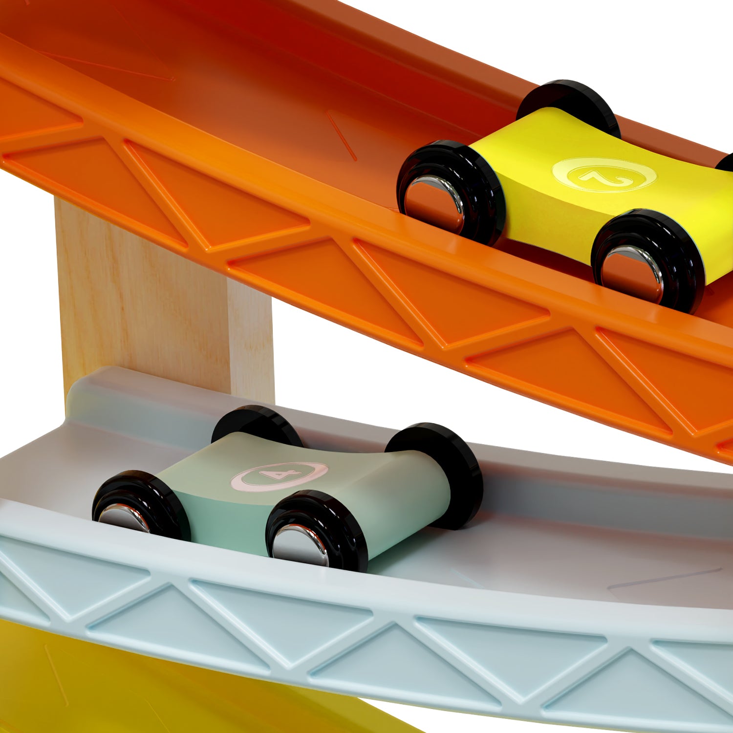 Der Kugelbahn-Spaß für kleine Rennfahrer:innen: Die Auto Rennbahn mit 4 Autos funktioniert wie eine Kugelbahn. Statt Kugeln rasen jedoch kleine Rennautos aus Holz die Bahn hinab. 