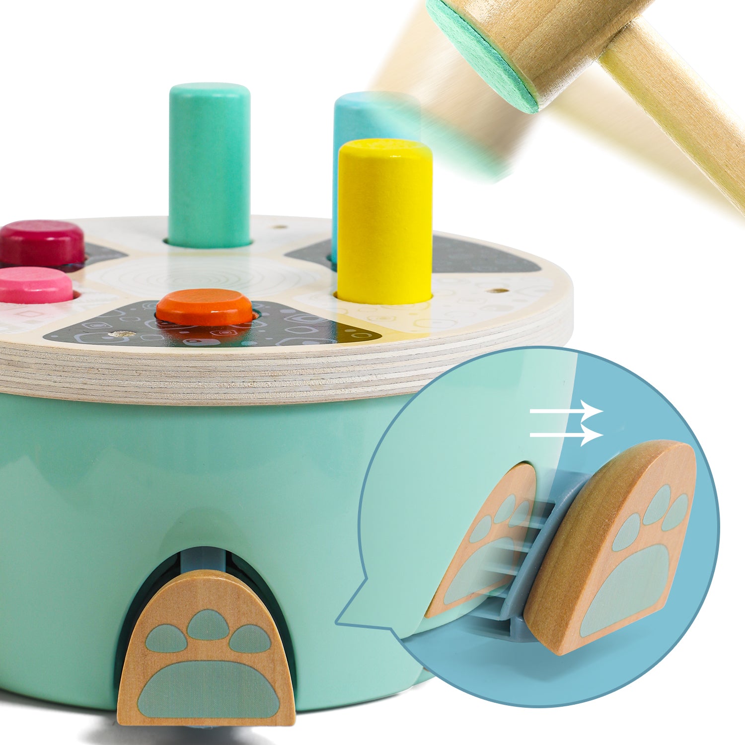 Fun logic game: With the fun knocking game Hammer Turtle, children from 18 months learn to recognise first connections. When they tap the colourful sticks of the tapping game with a wooden hammer, the legs, the head and the little tail emerge from the turtle's shell.