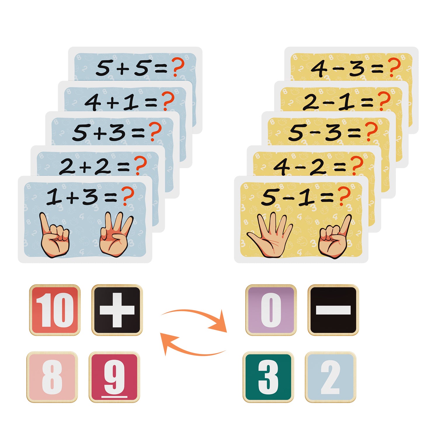 1 + 3 makes 4! With task cards with simple additions and subtractions and included wooden number tiles, kids practice their first arithmetic in a playful way.