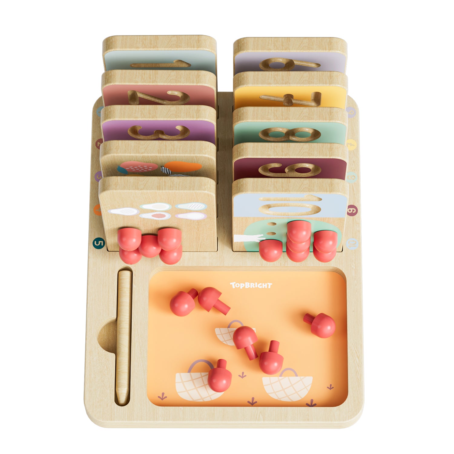  The wooden boards, apples, and wooden pencil each have their own place in the wooden base. When children have finished playing, they store everything there and it is quickly tidied away.