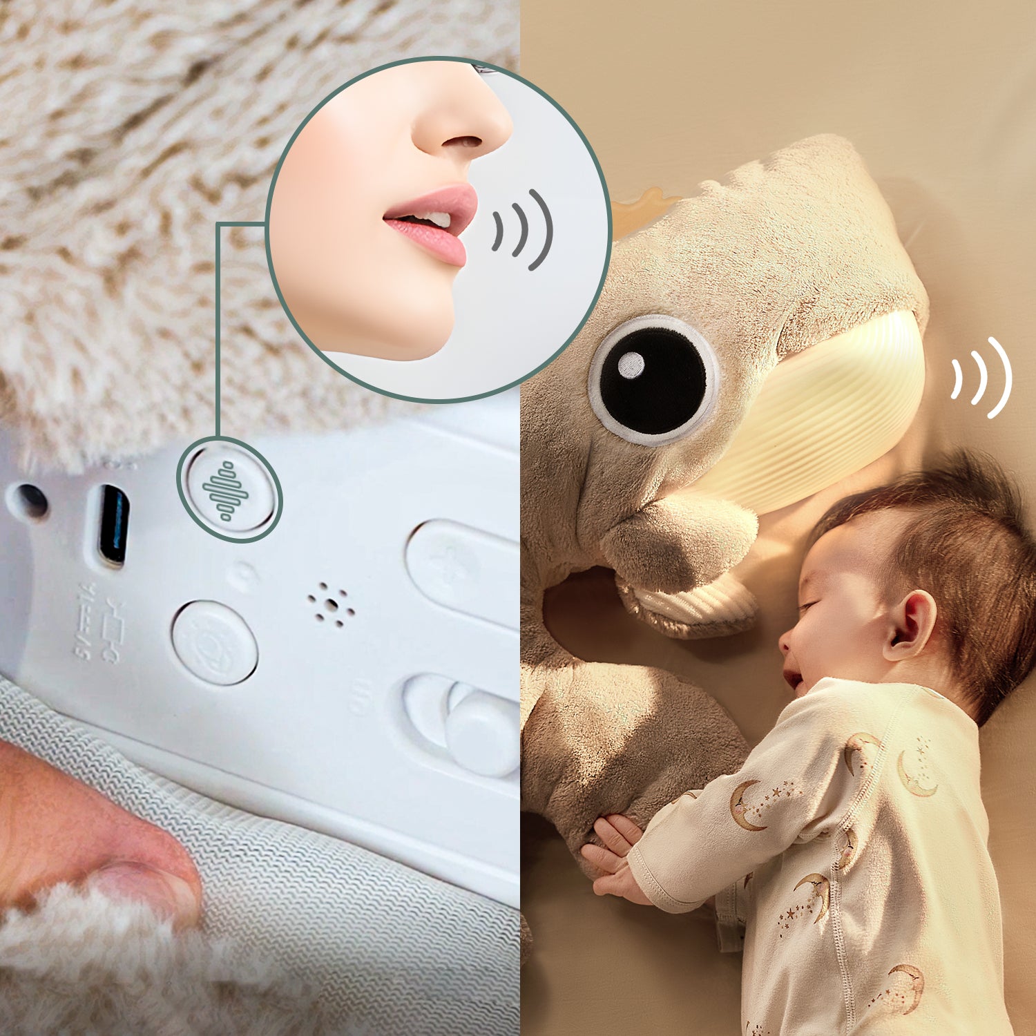 In addition to 3 different soothing sounds to choose from, the innovative cuddly toy also offers the option for parents to record a 15-second sequence of their own voice.