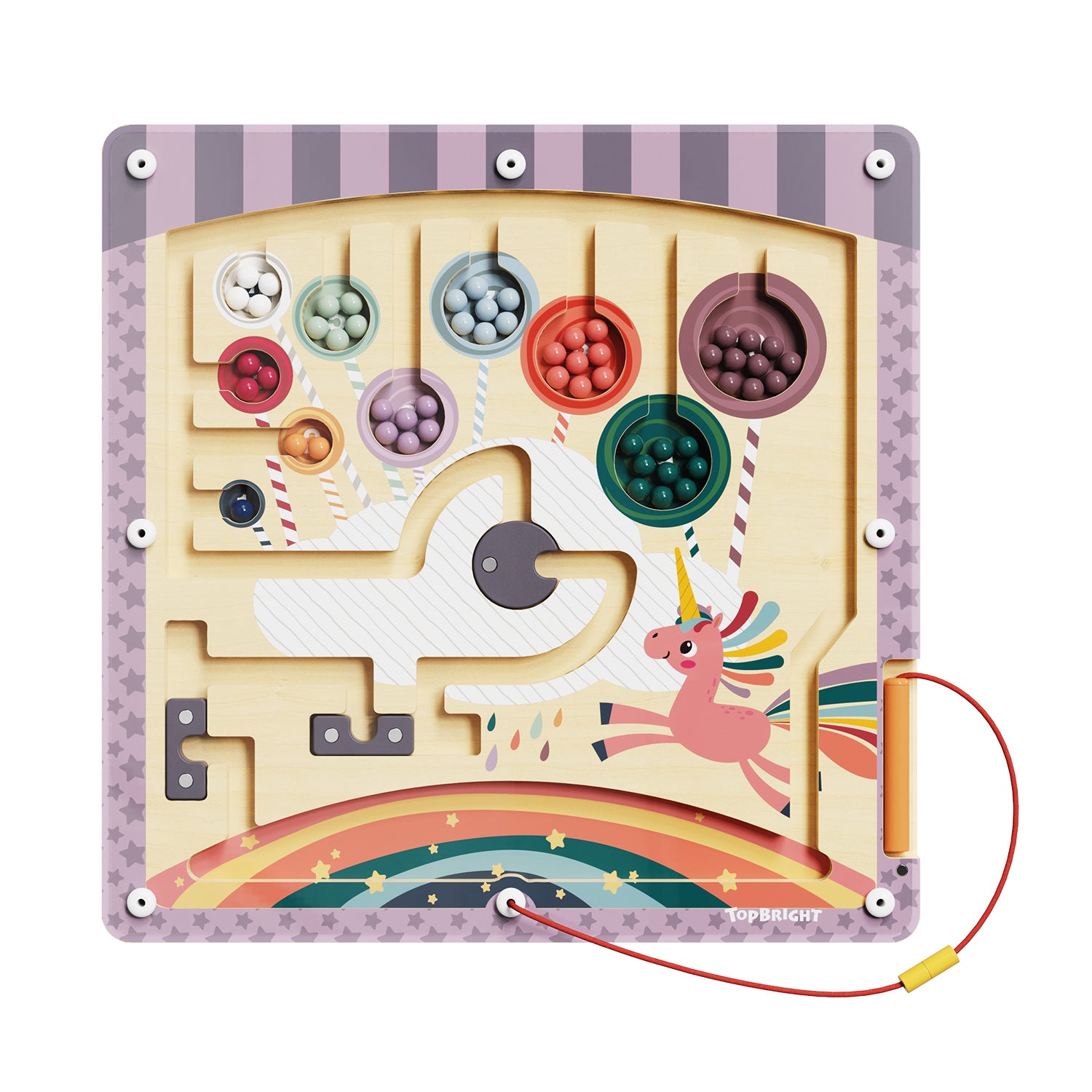 Thanks to the plexiglass panel, the individual parts remain safely stowed away. The pen is also stored on the side of the magnetic game. This makes the magnetic maze the perfect companion when traveling.