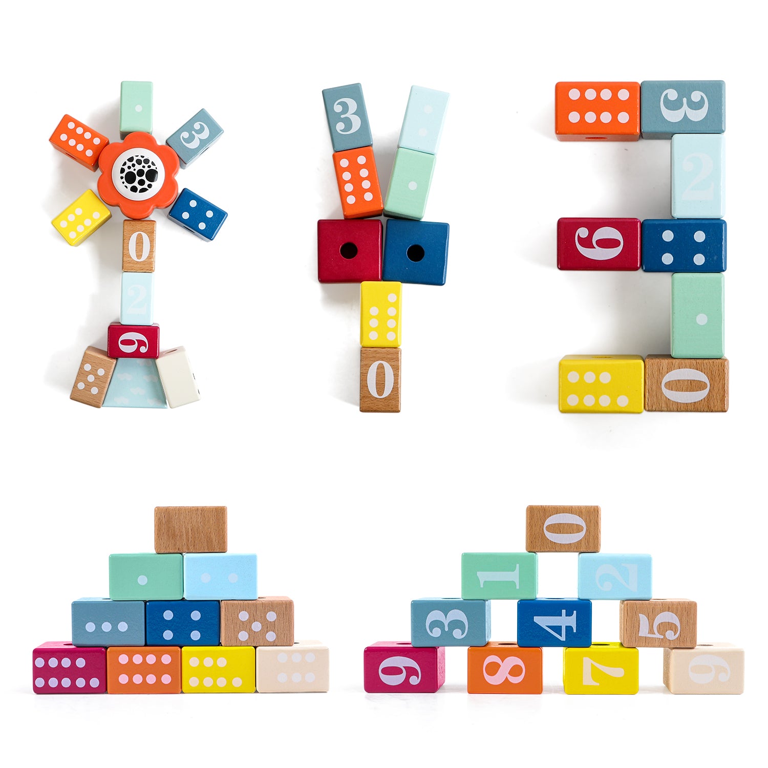 Colourful set of building blocks: A tower, a train or a house – there are no limits to children’s imagination when building with these colourful wooden blocks. Various shapes and colours are ideal for holding, building, and discovering.