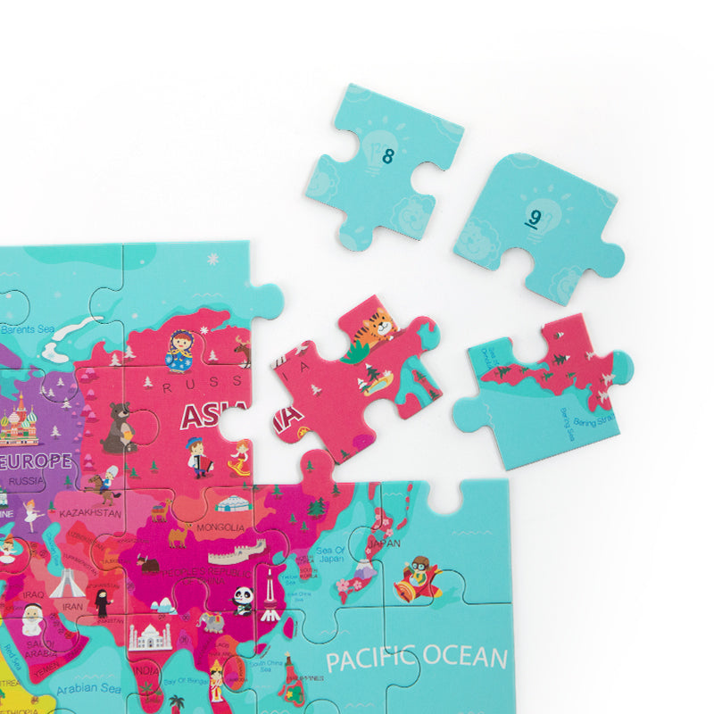 Numbers on the backs of the pieces help children solve the 64-piece puzzle all by themselves.